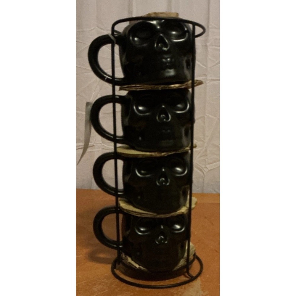 Way To Celebrate Halloween Skull Mug Stack – 4 Piece Set with Iron‎ Rack/ Decor